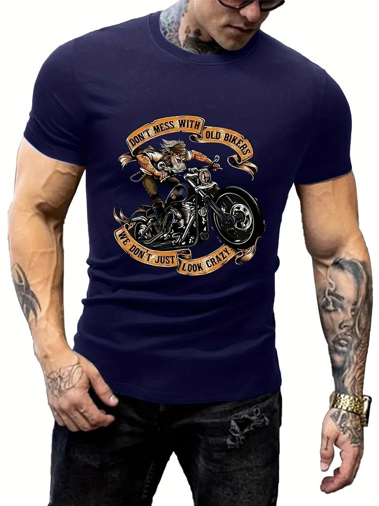 Summer Plus Herren Motorrad Old Man Print Rundhals T-Shirt 100% Reine Baumwolle Cooles Radfahren Sport Kurzarmshirt