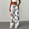 Damen Casual Mode Bedruckte Elastische Taille Locker Gerade Bein Hose Mit Kordel