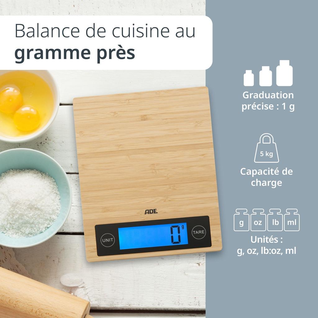 Balance de cuisine digitale - ADE - RAMONA - Bambou - 23 x 18 x 2 cm - Inclus 2 piles Cr2032