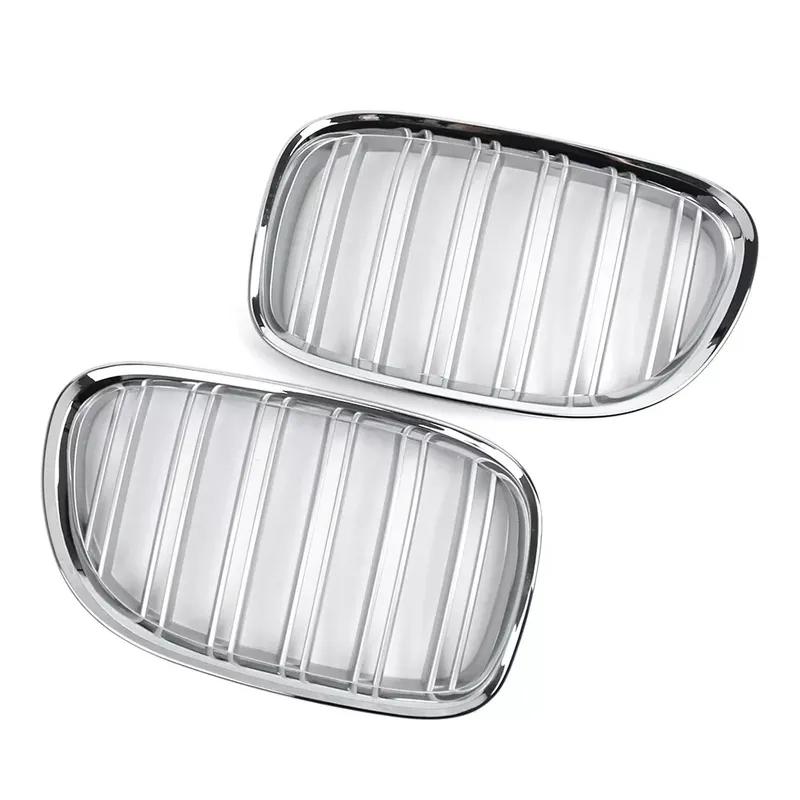 1 Pair Double Line Gloss Silver Car Front Bumper Sport Grilles Kidney Racing Grill Fit For BMW 7 Series F01 F02 2009-2015