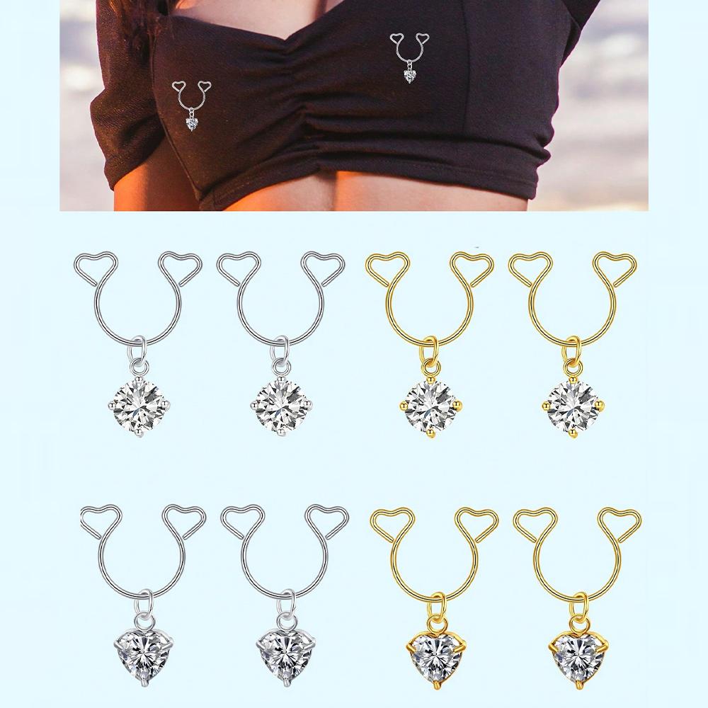 2 Pezzi Anello Finto Capezzolo a Forma di Cuore con Pendente Acciaio Inossidabile Anelli per Capezzoli Senza Perforazione Clip On Anelli per Capezzoli Piercing Finto per il Corpo