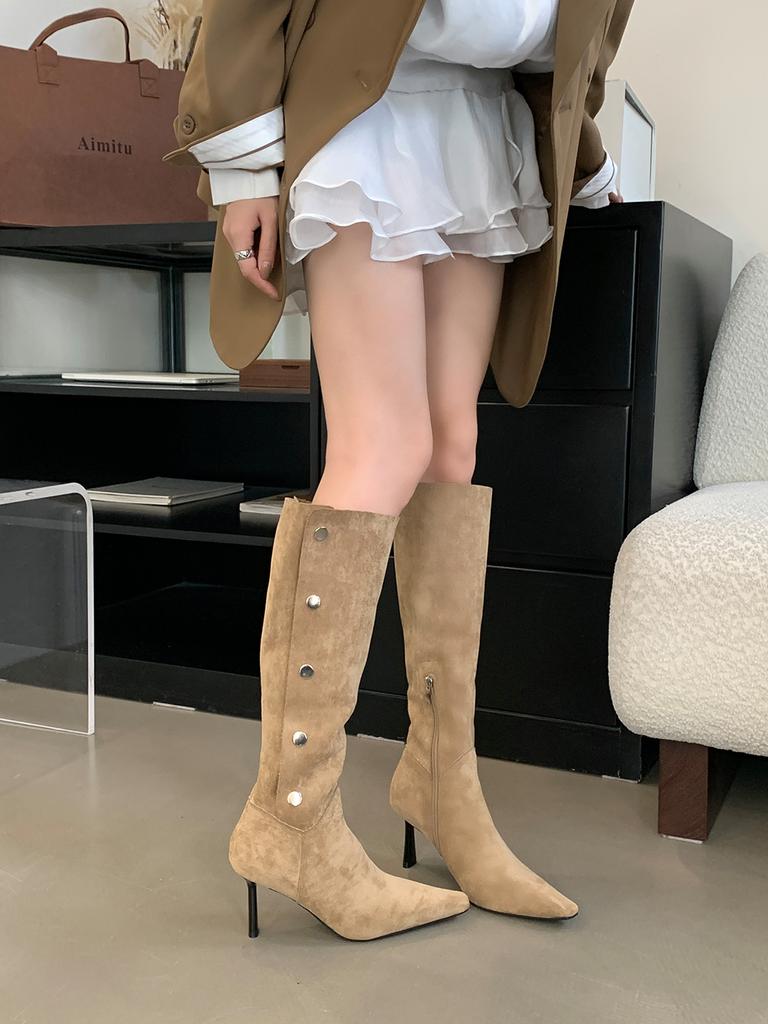 Fashion Pointed Toe Women Knee High Boots Black Beige Brown 2024 New Arrivals Side Zipper Belt Buckle Winter Autumn Fashion Women Knight
