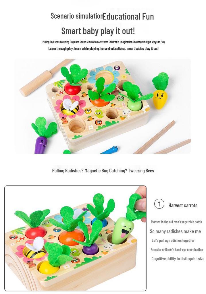 Kids' Interactive Wooden Game: Radish Pull, Bee & Insect Catch - Parent-Child Fun Toy Gift