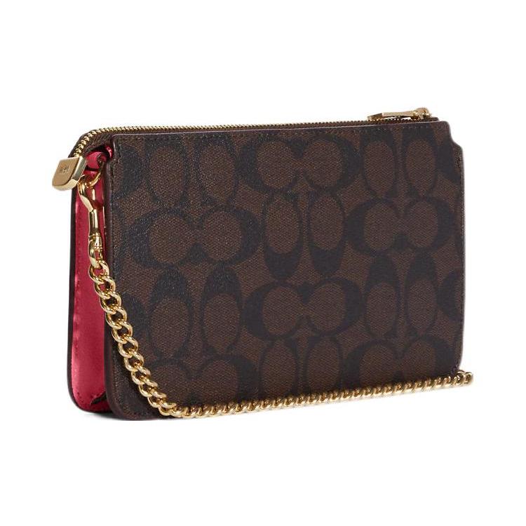 New COACH Cow Leather With PVC Combo Bag, Shoulder Bag, Crossbody Bag Women's Brown & Watermelon Red C3328-IMUOE