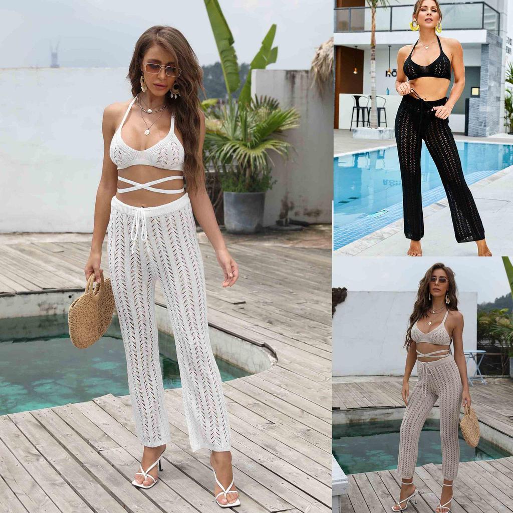 European & American Hollow Bikini Top with Sexy Strap Trousers Two-Piece Set