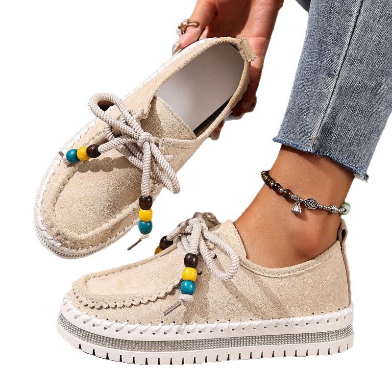 Women's Platform Flats, Front Lace-Up Bohemian Roman Shoes, Vintage Beaded Autumn Booties for Women