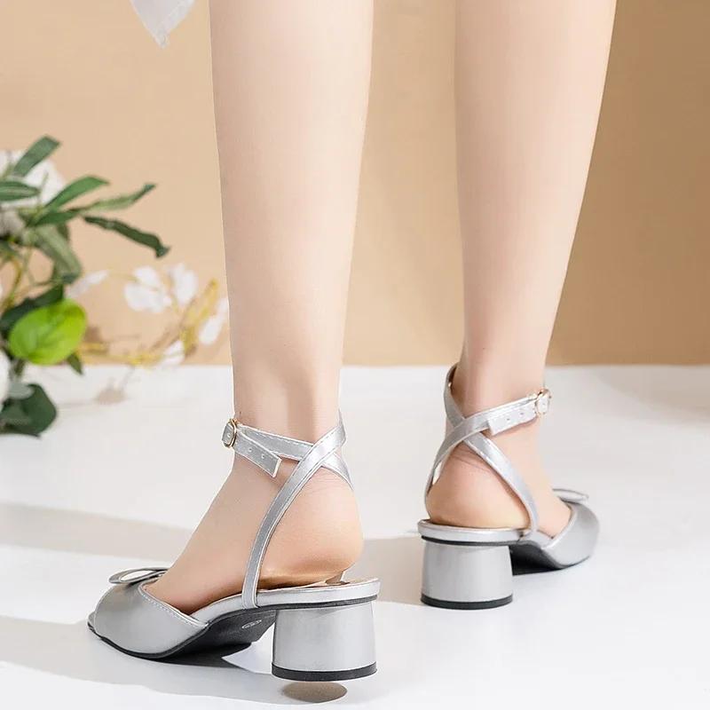 Fashion Ladies Shoes 2025 Ankle-wrap Women's Sandals Elegant Dress Sandals Women Square Toe Bow Tie Buckle Strap Med Heel Shoes Female