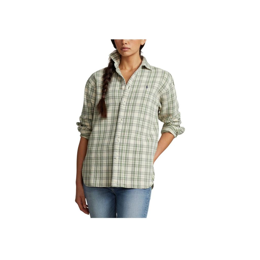 Polo Ralph Lauren SS24 Embroidered Plaid Single-Breasted Loose Long Sleeve Shirt Women Shirts Moss-Green 211928701-001