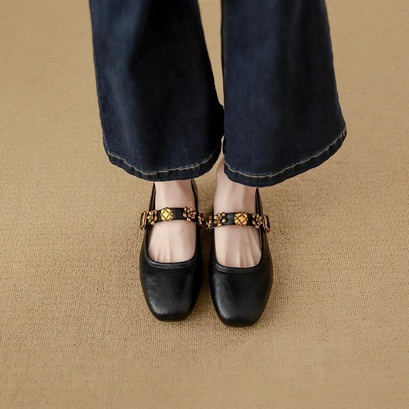 Soft Sheepskin~ Retro Mary Jane Shoes for Women's 2025 Spring and Summer New Shallow Single Shoes Flat Bottom One-word Buckle Small Leather Shoes