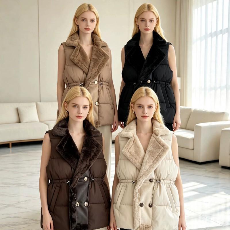 Womens Puffer Vest With Faux Fur Collar Thick Warm Mid-Length Solid Color Sleeveless Coat Winter