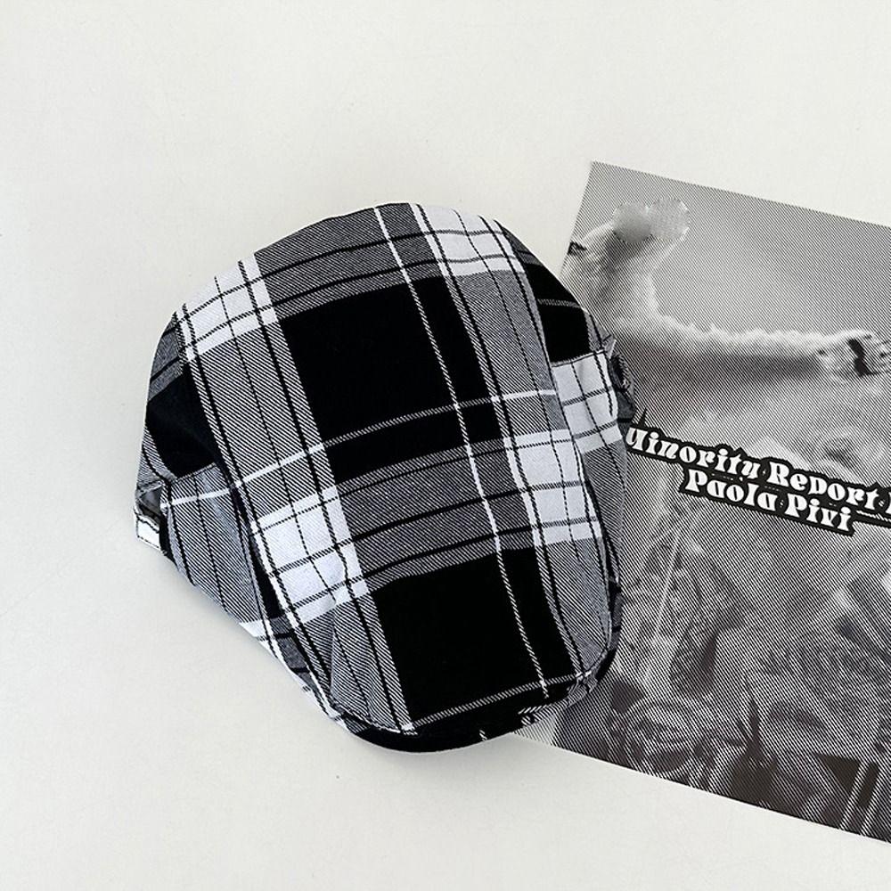 Cotton Lattice Sun Hat Dopamine Style Flat Peaked Cap Elegant Plaid Beret Hat  Travel