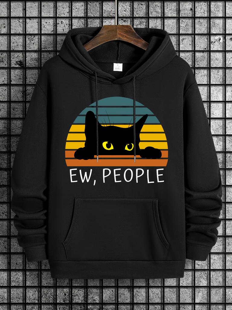 Men's Black Cat Print Casual Sweatshirt, Fashion Drawstring Hoodie, Comfortable Versatile Long Sle