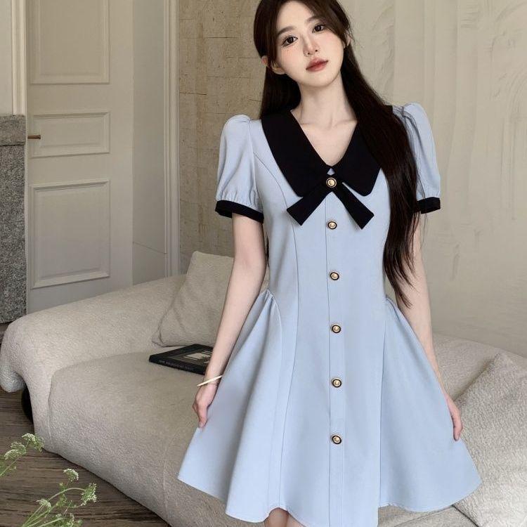

Plus Size Summer Slimming Dress with Ruffled Hem and Bow V-Neck L (Recommended 100-120 jin)