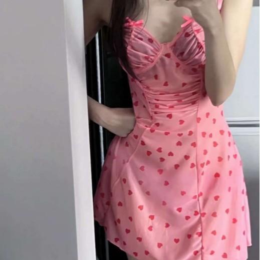 Sweet Girl Suspender Sexy Pure Desire Peach Love Print Summer Silky Barbie Nightdress Loungewear Women