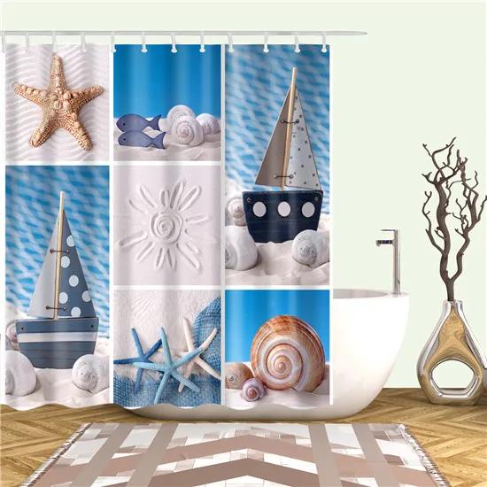 Nordischer Stil Meereslandschaft Strandmuschel Duschvorhänge Badezimmervorhang Stoff Wasserdicht Polyester Badvorhang mit Haken