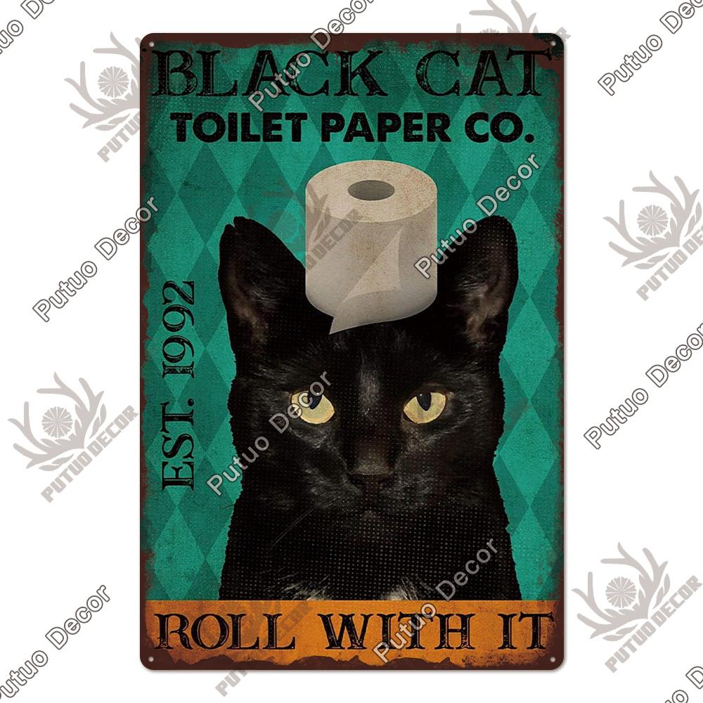 Putuo Decor Black Funny Cat Metal Sign Vintage Plaque Metal Retro Animals Tin Poster for Living Room Home Decoration Wall Decor