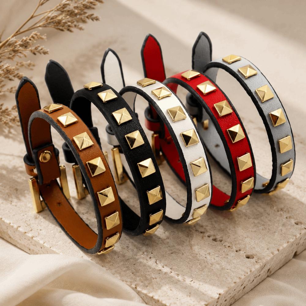 PU Leather Studded Bangle Square Rivets Leather Bracelets New Single Ring Bracelet Party Jewelry