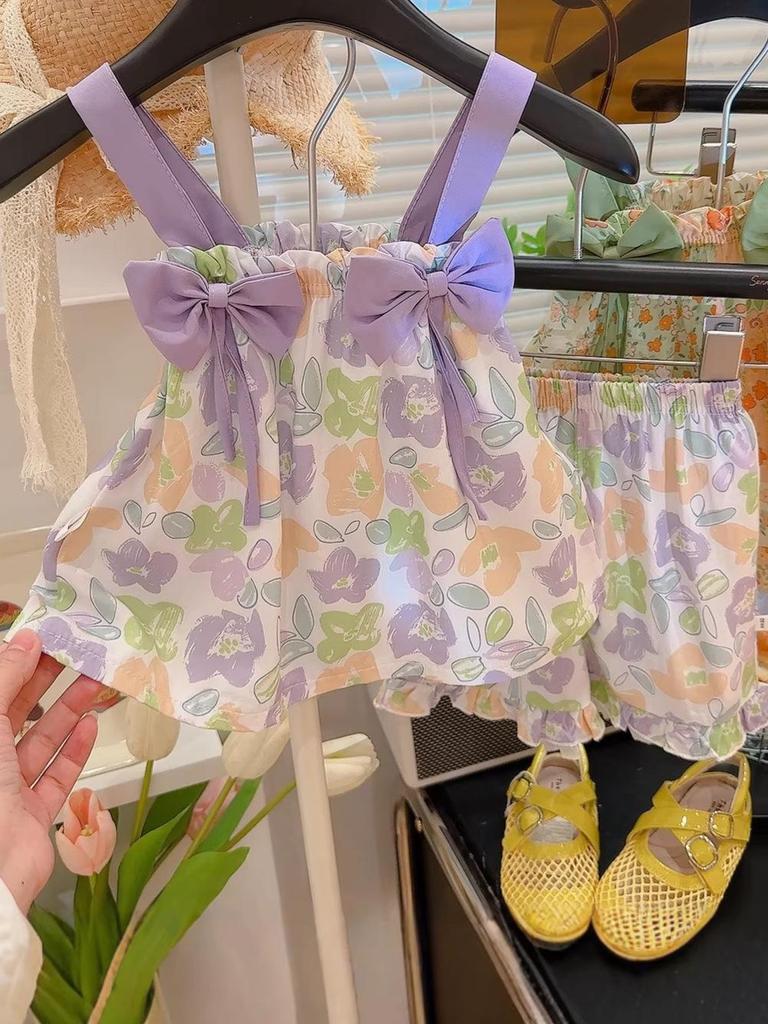 Girls' Summer Bow Strap Dress & Shorts Set - Stylish Vacation Outfit