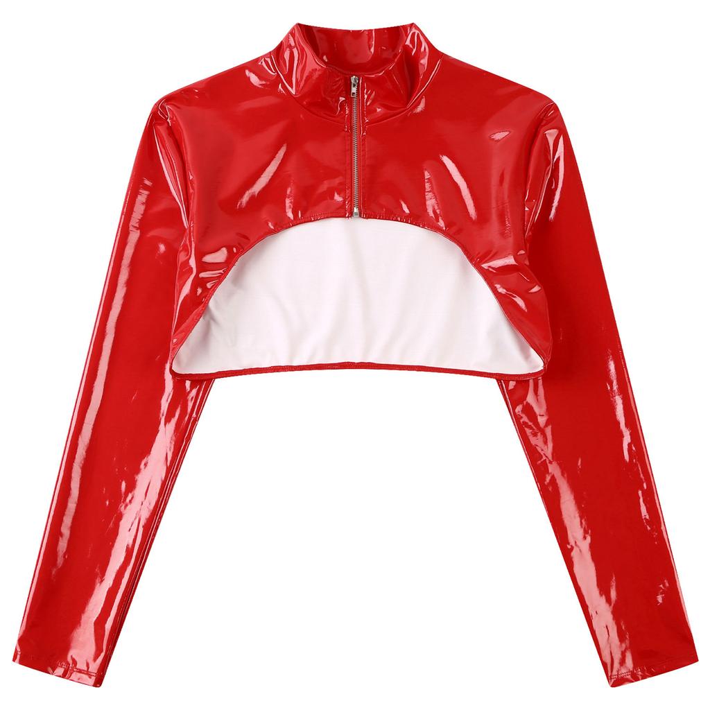 Dámsky lesklý latexový crop top s dlhým rukávom, zipsom vpredu, slim strih, odhaľujúci prsia, spodná bielizeň na párty