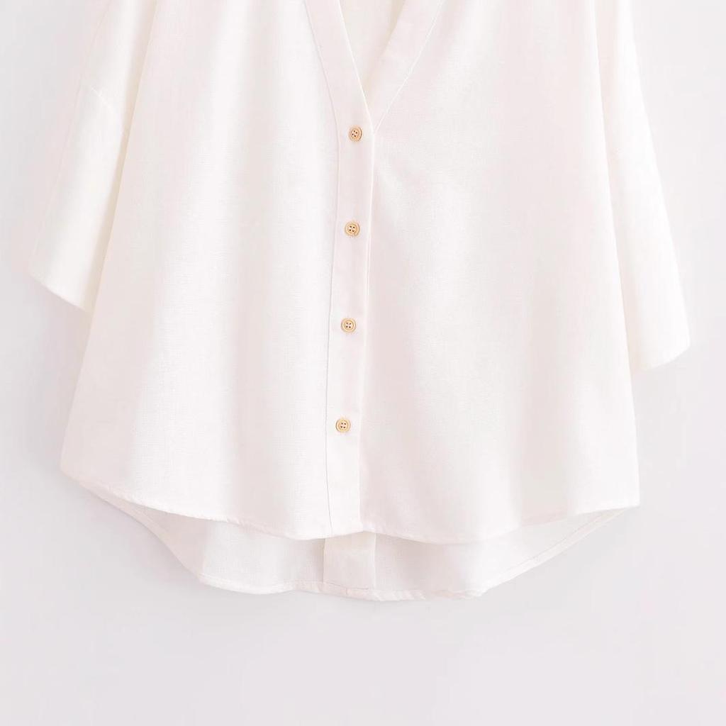2025 Spring Women's European & American Style Linen Mid-Sleeve Shirt - Fashionable & Versatile