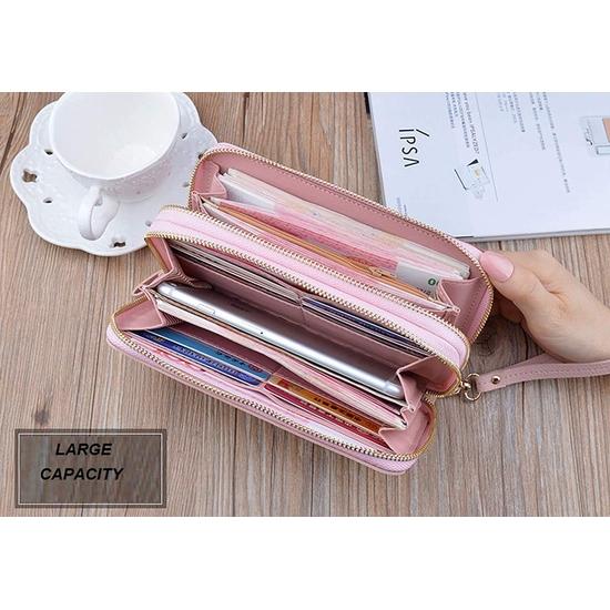 Valerie Portfele damskie na zamek błyskawiczny dla dziewcząt Skórzany portfel kopertówka z wieloma przegródkami Dziewczęcy zamek błyskawiczny na monety Duży portfel damski (Różowy)