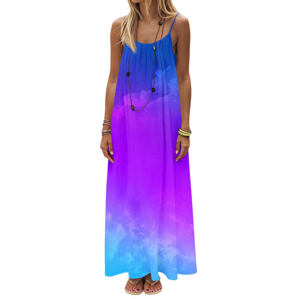 Dámské Módní Ležérní Volné Šaty s Květinovým Potiskem a Úzkými Ramínky Bez Zad