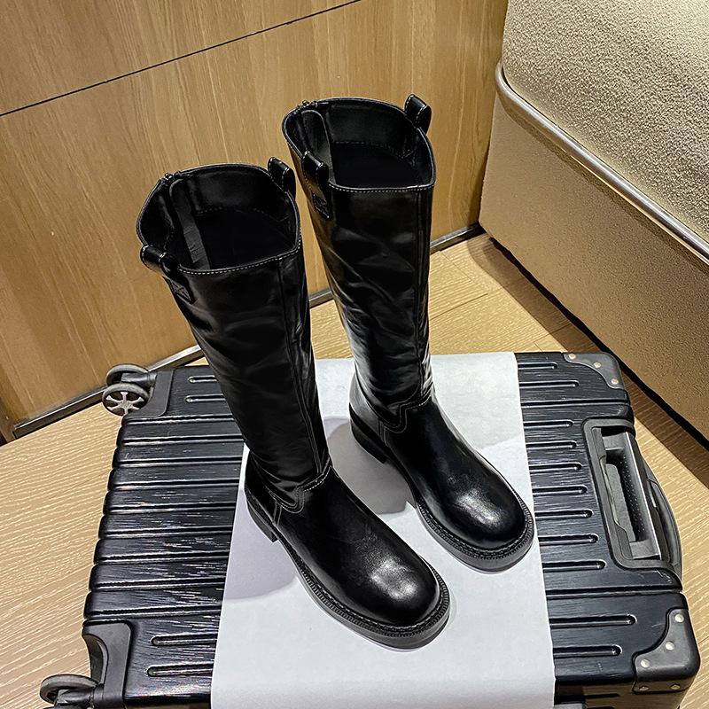 Cowhide version~ French retro pleated thick-soled long knight boots female British style versatile and thin leather high boots