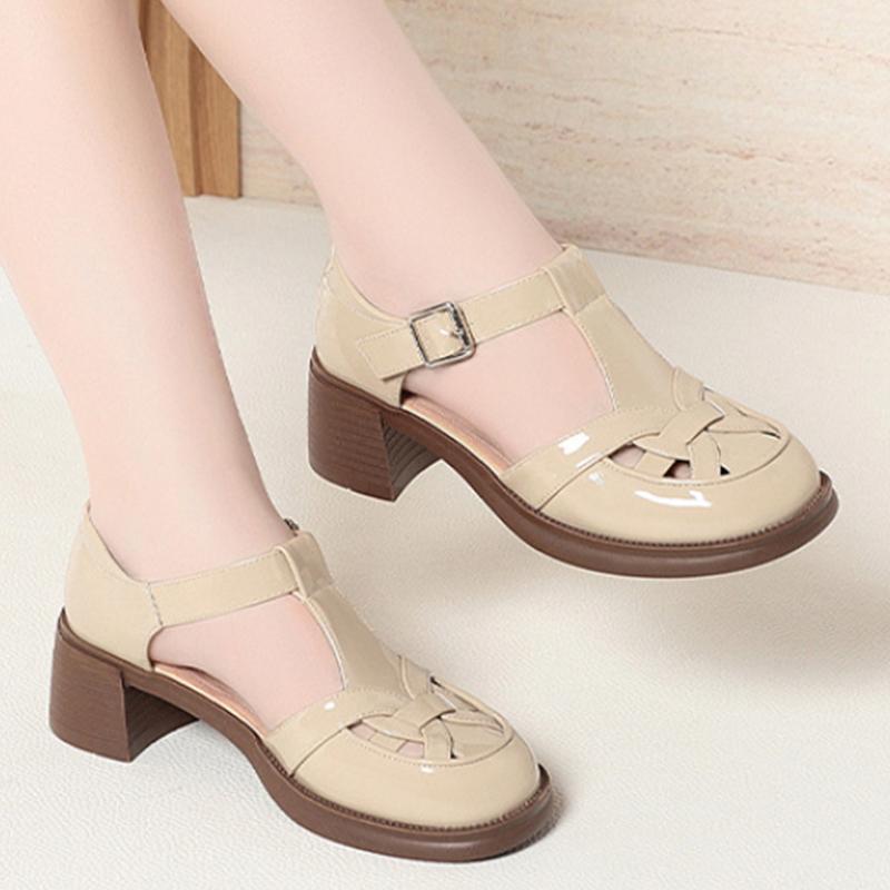 Fashion Roman Shoes In Summer Hollow Single Shoes Thick Heel Woven Pig Cage Shoes Hollowed Out Women's Bag-Toe Sandal Casual Fashionable