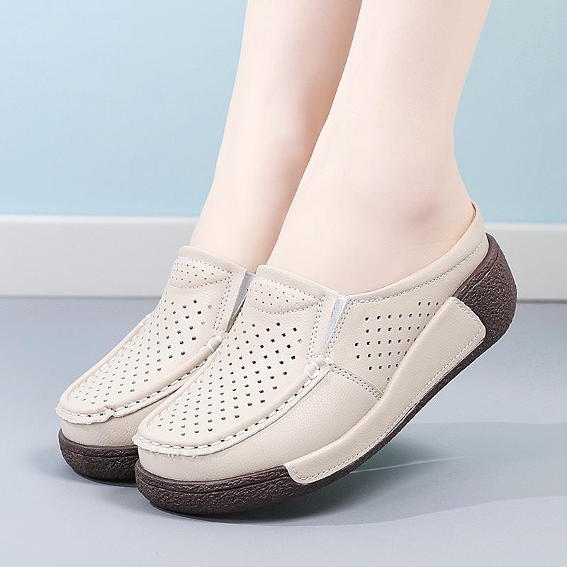 Ladies Platform Loafers Casual Elegant Leather Sandals Clog Slippers Backless Mules Women Thick Sole Height Increase Shake Shoe