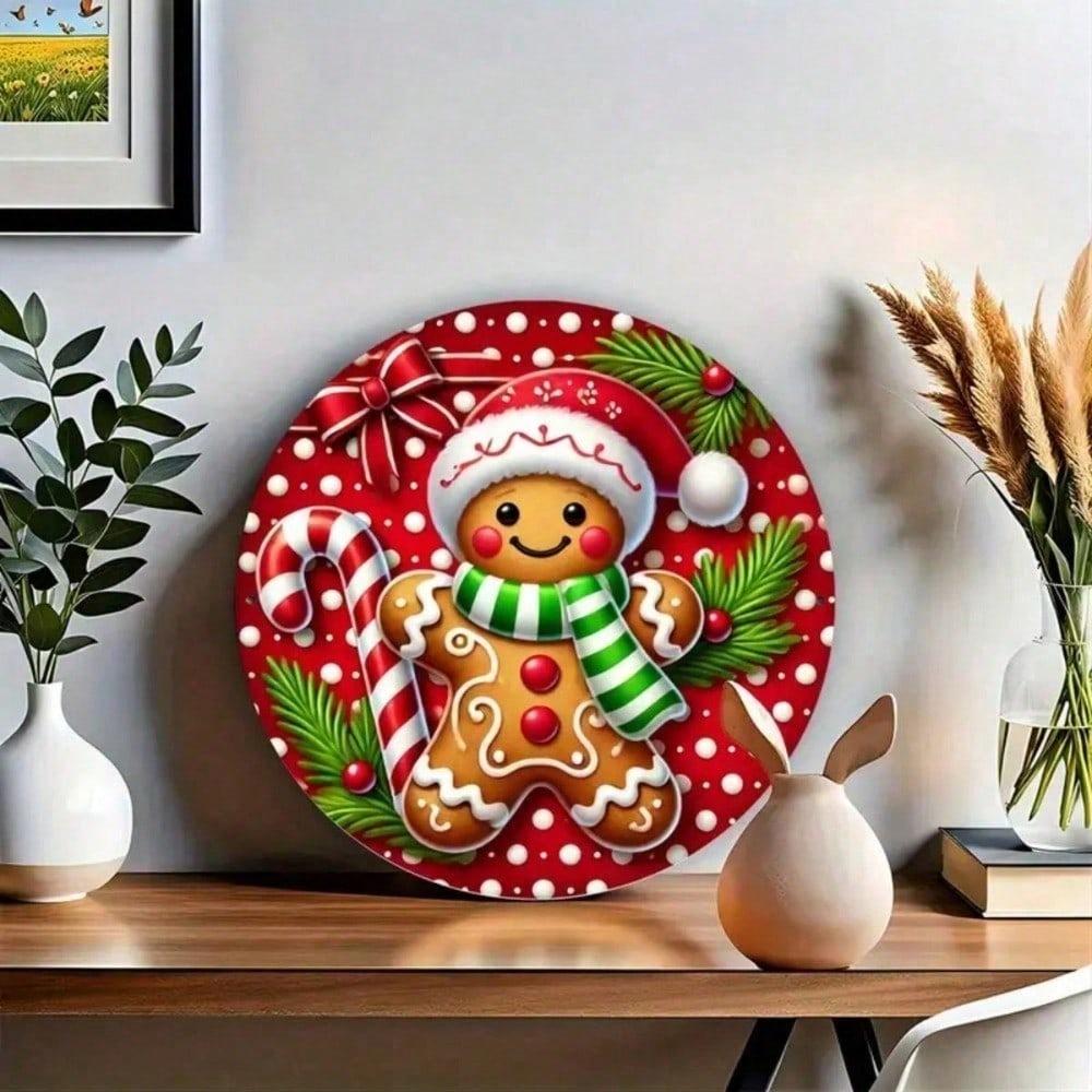 1pc Christmas Gingerbread Man Candy Cane Metal Wall Sign, 7.8x7.8 Inch Rustic Farmhouse Tin Decor Indoor Outdoor
