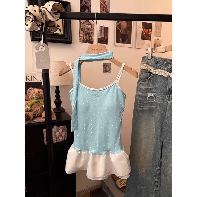 Kumikumi Niche Design Sense Polka Dot Patchwork Cami Women clothes Summer Frill Slimming Versatile Top