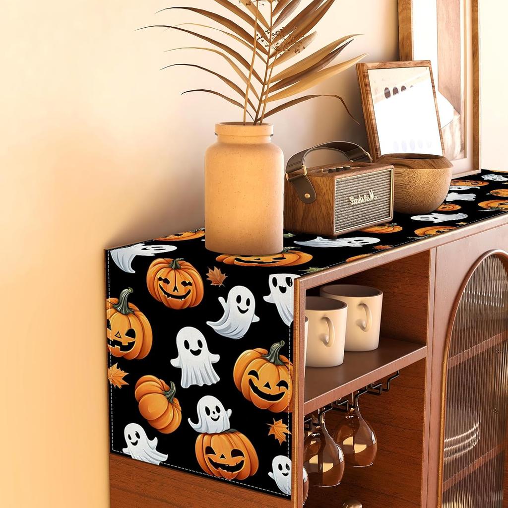 Halloween Ghost Pumpkin Table Runner,Halloween Dinner Table Runner Decorations and Supplies for Home Kitchen Dining Room Table-13×72''