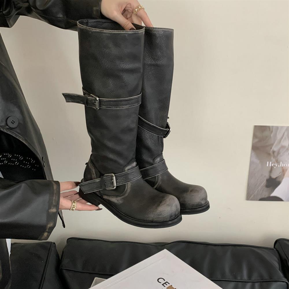Women Western Thigh High Boots Chunky Heel Round Toe Leather Slip On Knee High Knight Boots With Belt Buckle For Spring Autumn