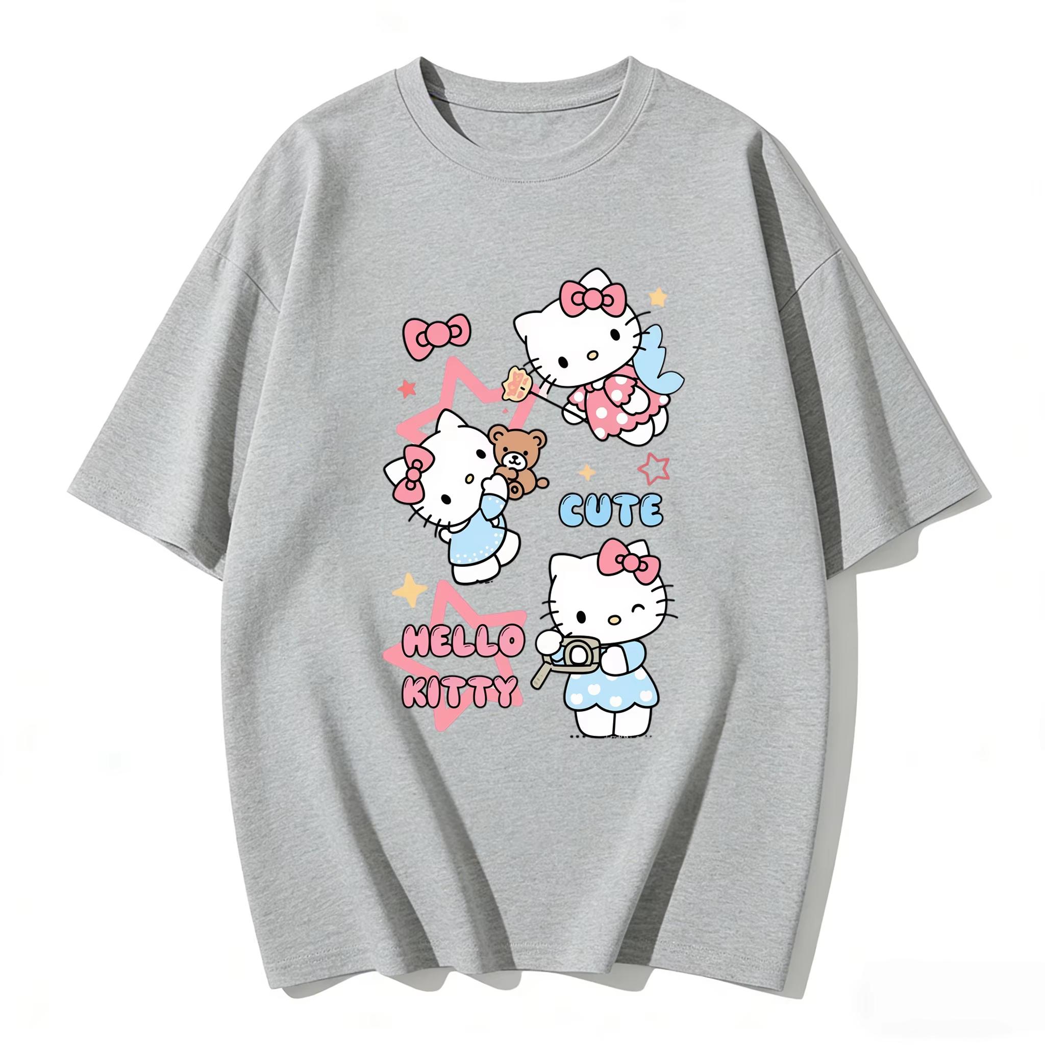 

2026 new Summer HelloKitty Cute Graphic Tee Casual Short Sleeve Cotton Top for Women Girls Kawaii Cartoon Print Streetwear S