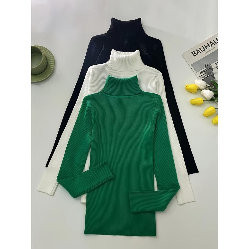 Golf 3 szt. Dzianinowy sweter pulower, Casualowy sweter z długim rękawem w jednolitym kolorze na jesień i zimę, Odzież damska