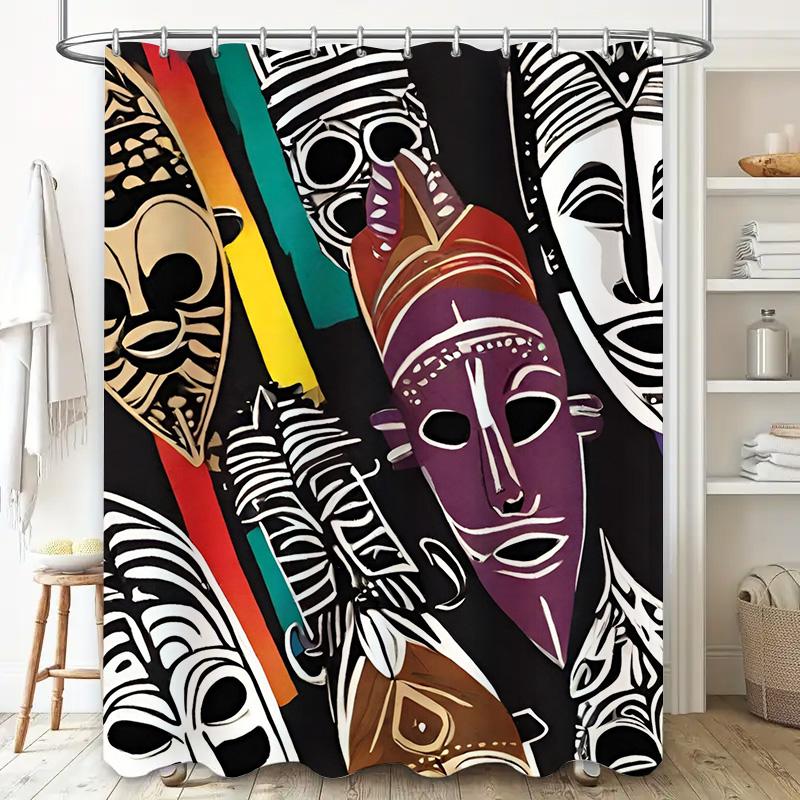 Abstract African Mask Design Shower Curtain Black Bathroom Decor Unique Pattern Art Print for Home Bath Accessories