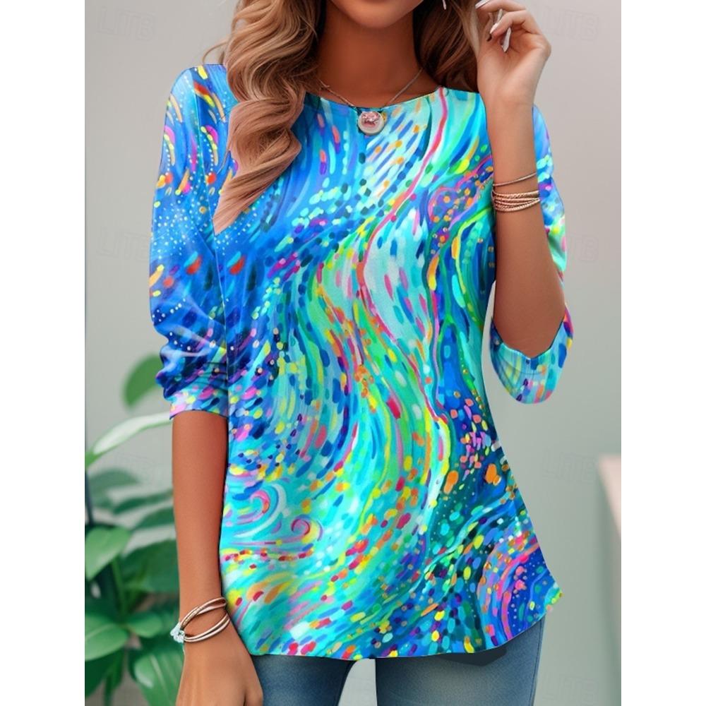 Women's T Shirt Ombre Graphic Geometric Long Sleeve Round Neck Regular Tops Daily Sports Going Out Print Summer