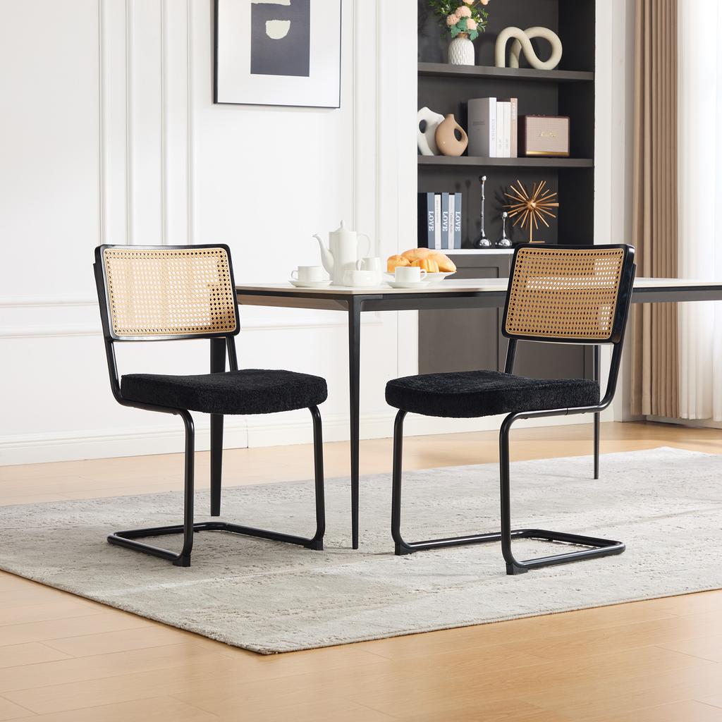 Modern Rattan Dining Chair with Black Metal Frame, Synthetic Cane Back & Chenille Seat Cushion for Kitchen, Living Room, Bedroom-Black