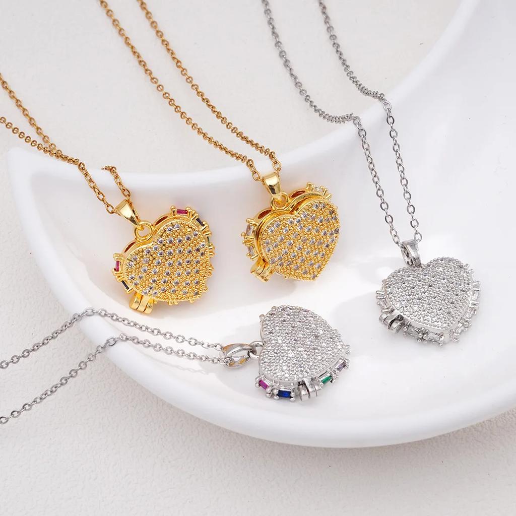 Creative Zircon Heart Can Open Photo Frame Pendant Necklaces for Women Romantic Stainless Steel Chain Jewelry Accessories Gifts