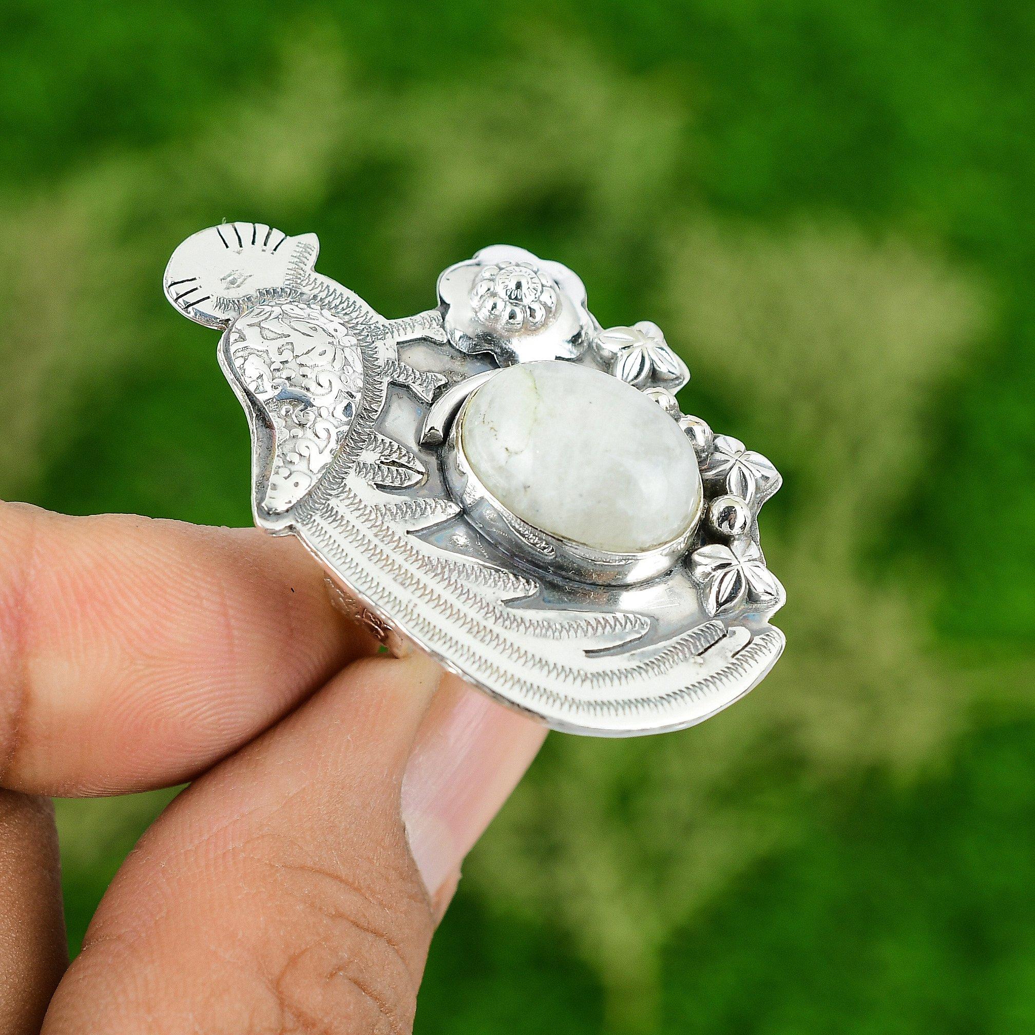 

925 Silver Natural Rainbow Moonstone Multi Stone Bird Adjustable Ring Adjustable