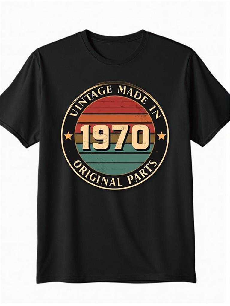 Unisex Retro 1970 Graphic Tee Made In 1970 Badge Print Crew Neck Shirt Vintage Black Casual Top Excellent Gift Choice For Unisex