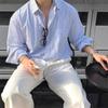 Mens Loose Long Sleeve Striped Vintage Turn Down Collar Casual Shirt