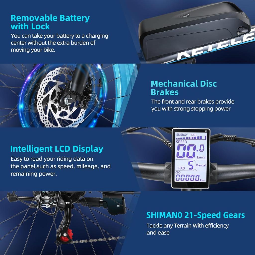 Electric Bike All Terrain Keteles 26" 1000Wx2 Motor Adult Fat Tire Electric Bicycle 21 Speed Top Speed 50Km/h Load 150Kg Green K800