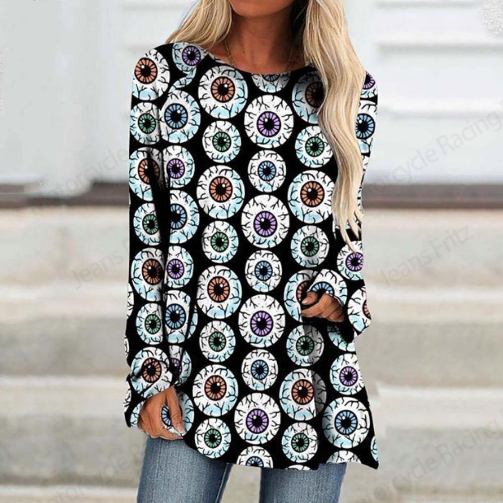 

Футболка з довгим рукавом у стилі печворк у стилі печворк із тривимірним принтом, жіноча модна довга туніка з круглим вирізом, жіноча футболка, дихаюча жіноча футболка 6XL