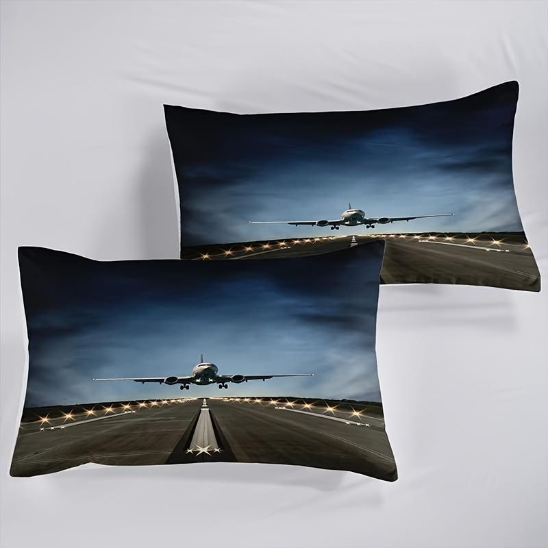Airplane Runway Digital Print Duvet Cover Set with Pillowcases-Breathable Polyester Fabric All-Season Zipper Closure Bedding Set