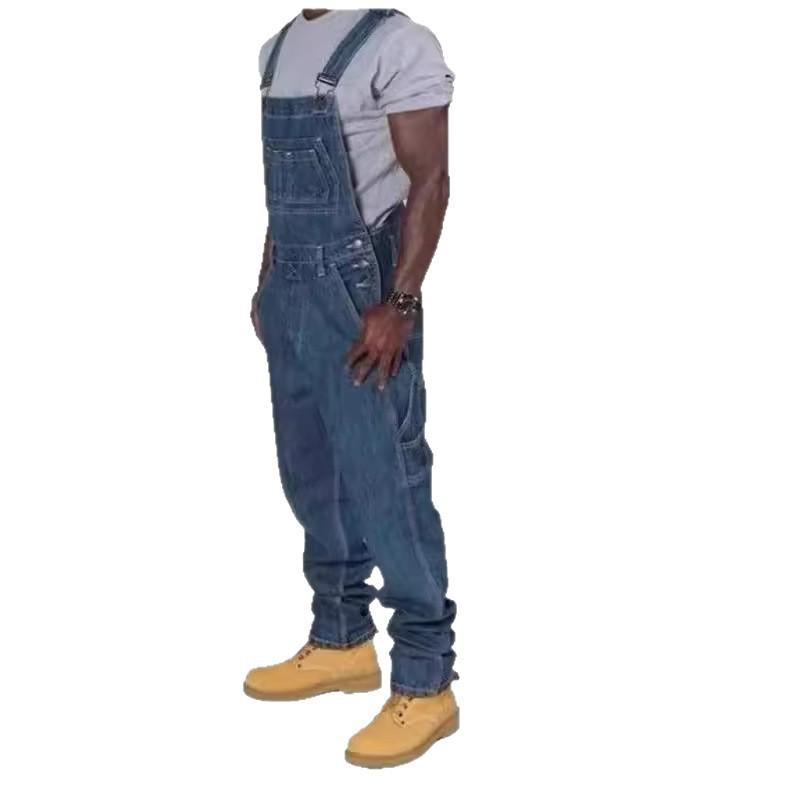 Men's Cross-border Denim Jumpsuit with Multiple Pockets - Dark Blue/Light Blue Workwear Overalls