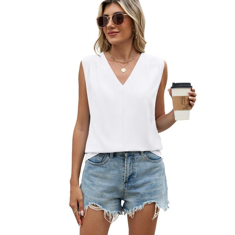 Summer Chiffon Shirt Women Loose V Neck Pleated Sleeveless Top Vest Solid Color Loose Blouse