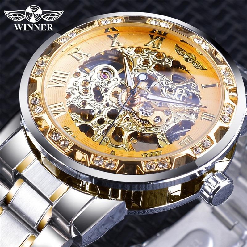 Winner One Winner Herren Mode Lässig Skelett Strass Manuell Mechanische Uhr für Herren Trendig