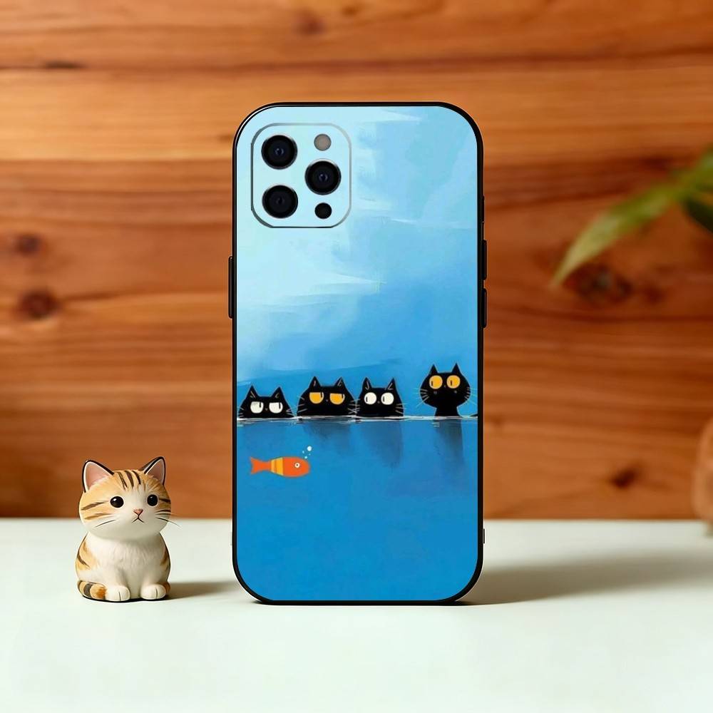 Cute Black Cat Illustration Phone Case For iPhone 17, 16,15,14,13,12,11 Plus,Pro Max, Others Soft Black Cover