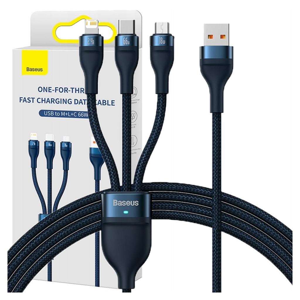 Kabel Usb 3W1 Baseus Flash Series, Usb-C + Micro Usb + Lightning, 66W, 1.2M (Niebieski)